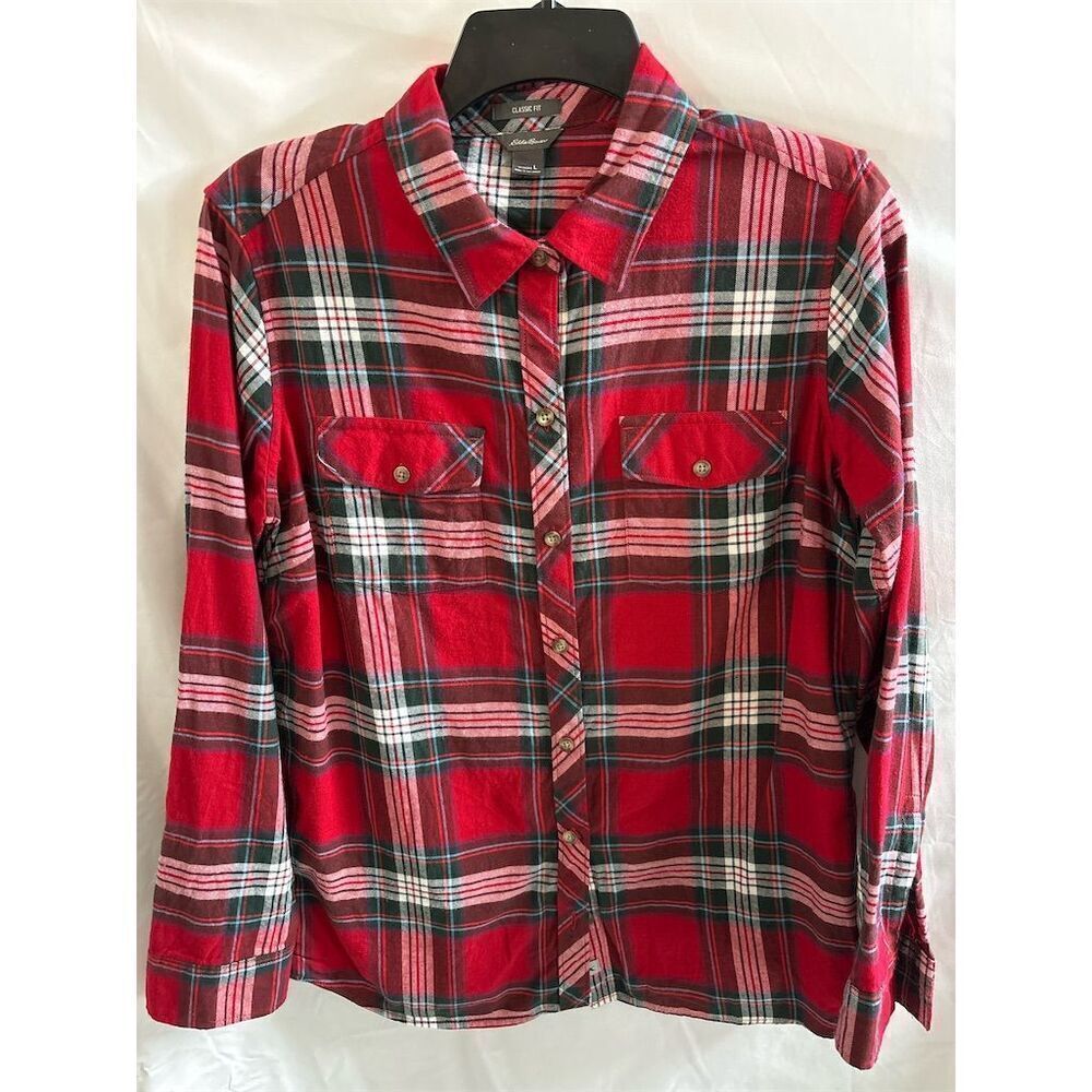 Eddie Bauer Women's L Red Plaid Flannel Button-Up Shirt Long Sleeve